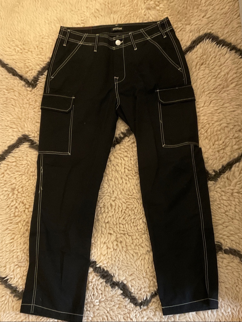 True Religion Black Cargo Pants with White Contrast Stitching